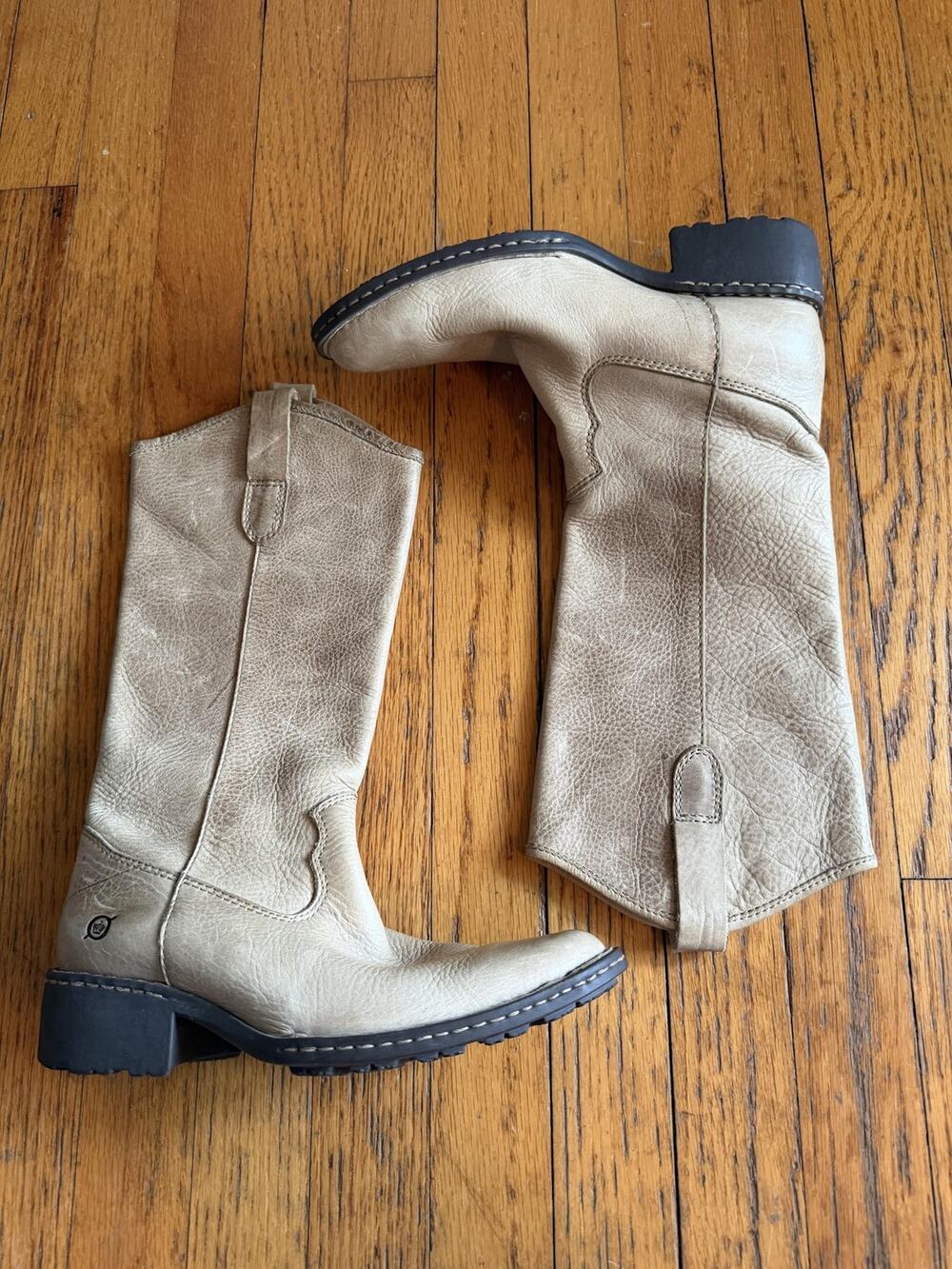 Born Boots Womens Size 6.5 Beige Leather Mid Calf Western Pull On Block Heel